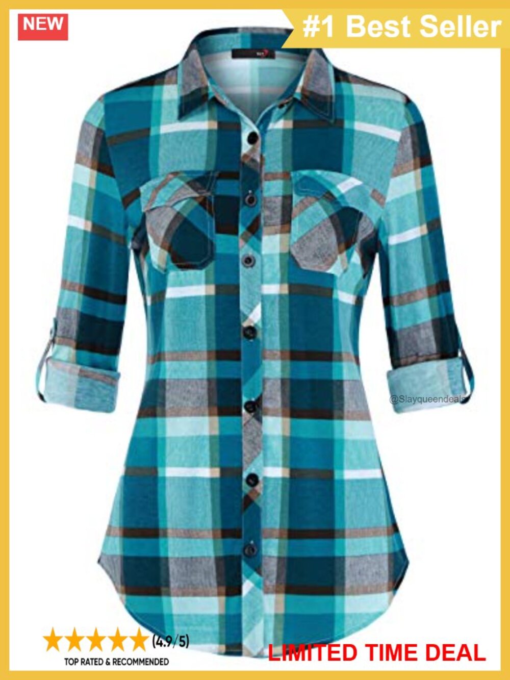 Plaid Button Down Blouse Roll Up Long Sleeve Collared Shirt